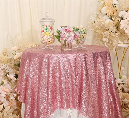 3E Home 125x125cm(50x50 inches) Rose Gold Sequin Tablecloth Square Table Overlay Wedding Party Banquet FX01