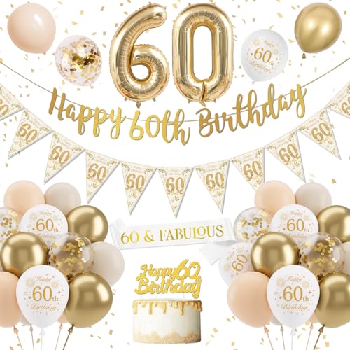 Decoração de aniversário 60 anos mulher e homem, balão 60 dourado branco, 60 anos de decoração de aniversário, faixa de feliz número 60 balão para mulher