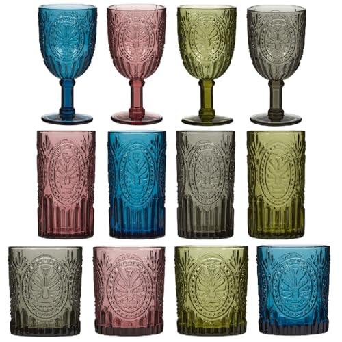 12pc Glassware Set of 4 Goblet Wine Glasses, Highball Glasses & Tumbler Glasses - Colourful Blue, Grey, Green & Pink Drinking Glasses with Embossed Finish Vintage Style Alfresco Dining Glass Set