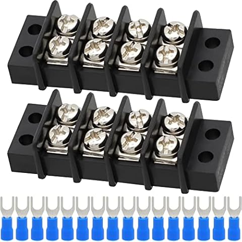 Terminal Block,2 Pack 4 Circuits 20-30A 200v-450v Dual Row Screw Terminals Strip +16 PCS Heat Shrink Wire Connectors Cover