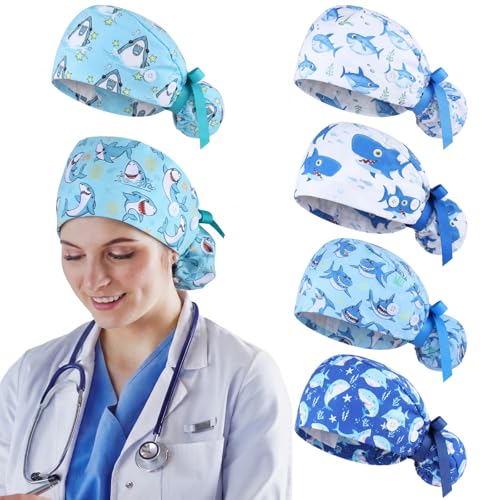 Image of 6 Pcs Scrub Caps for Women Doctor Nursing Hats with Buttons Adjustable Tie Back Working Cap Bouffant Scrub Hats for Women Men