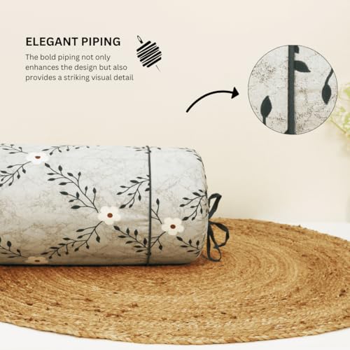 Image of AURAVE Cotton Printed Floral Bolster Cover with Drawstring Closure, Set of 2, Soft Breathable Durable Machine Washable for Sofa Bed & Home Decor, 15 inchx30 inch, Grey | Cover Only