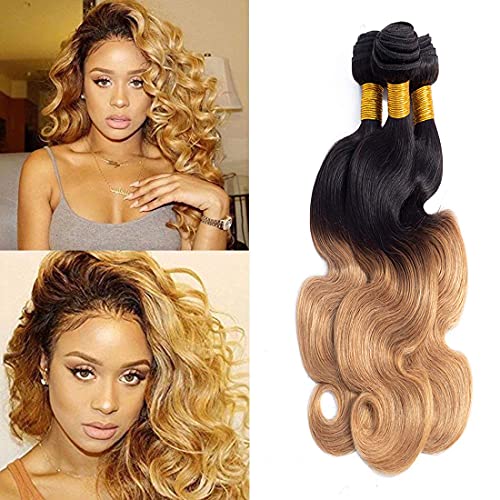 27 Human Hair Bundles Ombre Black And Honey Blonde Hair 3 Bundles Wet And Wavy Brazilian Real Virgin Hair Body Wave Brazilian Remy Human Hair Dark Roots Two Tone 3 Bundles 8A Grade 22 24 26 inch