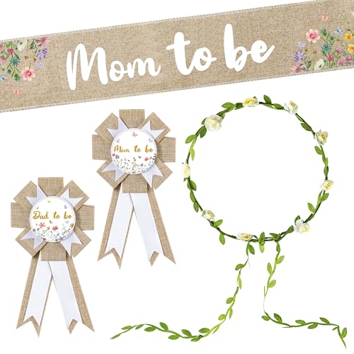R HORSE 5Pcs Mom to Be Sash Dad to Be Pin, Wildflower Neutral Burlap Maternity Sash Corsage Pin and Flower Crown Headband, Gender Reveals Party Baby Shower Decorations Pregnancy Props Keepsake Gifts