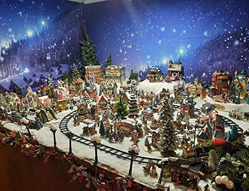 Leowefowa 5X3Ft Christmas Backdrop Rustic Village Night View Forest Trees Snowing Shining Lights Blue Sky Winter Xmas Vinyl Photography Background Kids Children Newborn Photo Studio Props #TOP2