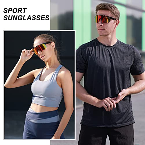 Haayot Polarized Cycling Glasses,Sports Sunglasses For Men Women,Baseball Biking Running Fishing Sunglasses With 5 Interchangeable Lenses Black Red #TOP1