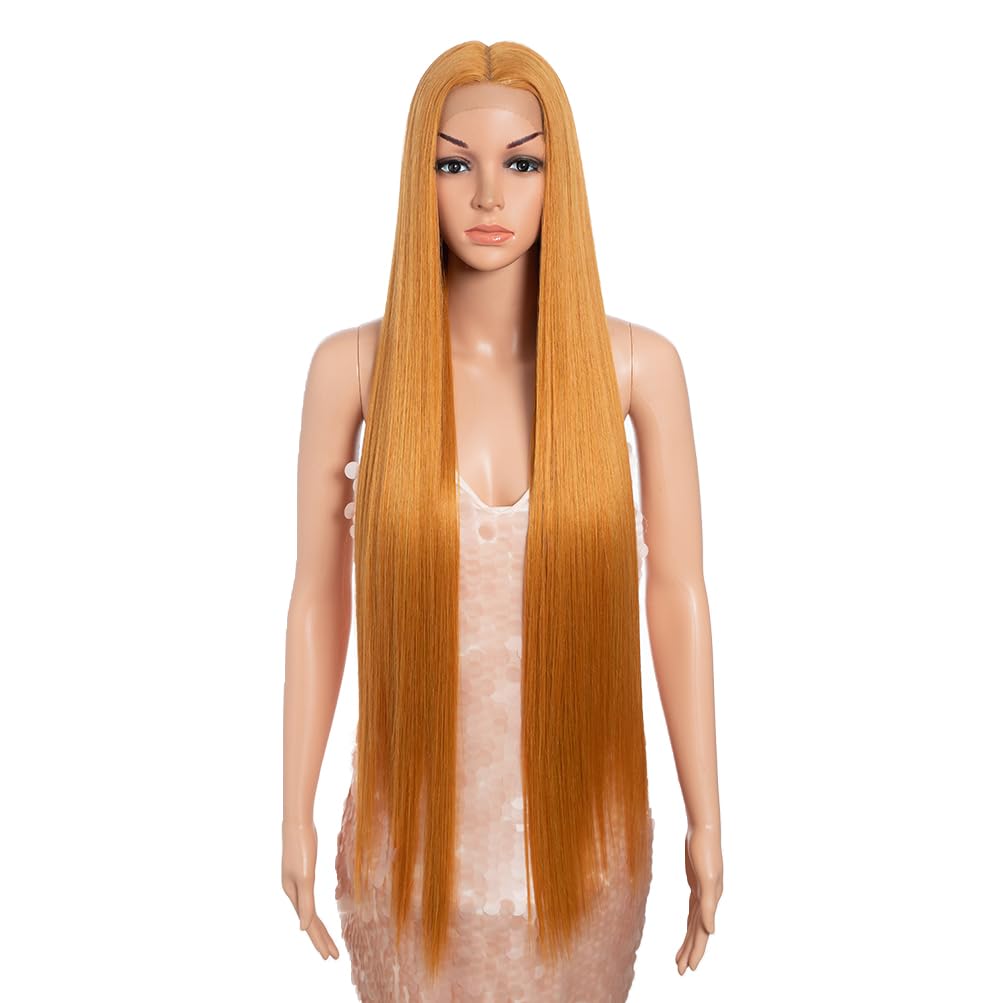 Style Icon 38" Ombre Green Yellow Lemon Wig Super Long Straight Wigs 6" Deeper Middle Part Lace Lace Front Wigs Orange Synthetic Wig (38", ORANGE20)
