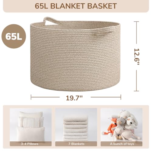 Image of INDRESSME Large Blanket Basket Woven Cotton Rope Basket 65L with Handles, Toy Storage Basket for Living Room Bedroom Nursery, Laundry Hamper for Clothes Towels, Wicker Blanket Home Decor Brown