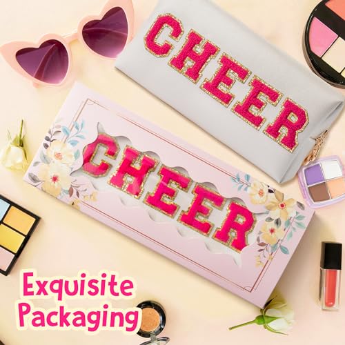 Y1tvei Preppy Patch CHEER Hot Pink Chenille Letter Extra Large Cosmetic Bag PU Leather Waterproof Portable Varsity Cheer Letter Makeup Toiletry Pouch Travel Organizer for Cheerleader Girl (Shell Gold)2