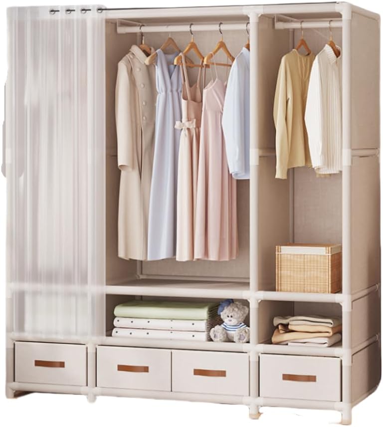 Bxzzuis ワードローブ カーテン付き 大容量 洋服ハンガー シンプル 収納ラック 省スペース 防水 防塵 防汚 耐久性 組立済
