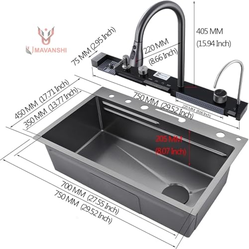 Image of Kitchen Sink 304 Grade Anti Scratch Design with Integrated Waterfall and Pull-Down Faucet Set and All Accessories All in One Stainless Steel Sink for Kitchen (Digital (30X18X9))