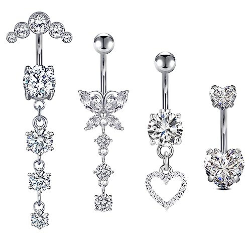 Crdifu 4pcs Ombligo Barra 10mm Acero Quirúrgico 14G Ombligo Anillo Flor Corazón Critsal con Colgante Piercing Vientre Plata Joyería