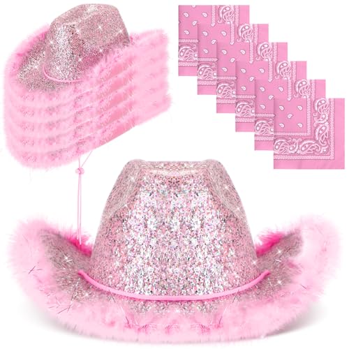 Image of Coume 12 Pcs Sparkly Adults Cowboy Hat and Bandanas Women Men Western Glitter Cowgirl Party Hats with Adjustable Drawstring