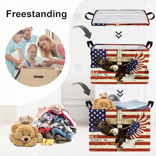 Image of Memorial Independence Day Baby Gift Basket Empty Retro America Flag Patriotic Storage Bin Gnome Rectangle Clothes Toy Book Shelf Basket, Eagle, 36L