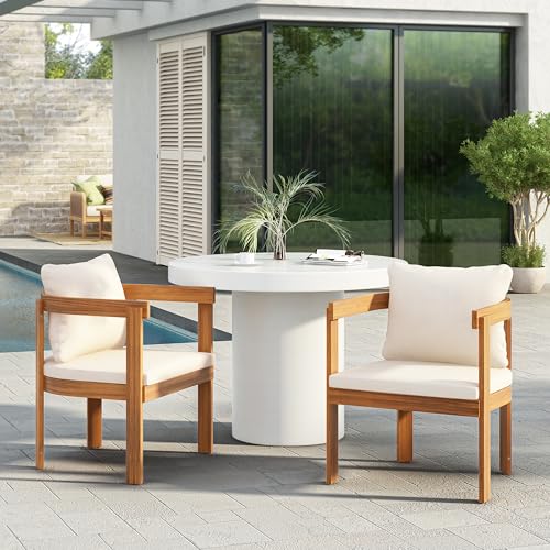 Image of Christopher Knight Home Rosita Outdoor Dining Chairs Set of 2, Acacia Wood Dining Chairs with Curved Backrest and Cushions, Farmhouse Wooden Dining Chairs for Garden Deck, Patio Arm Chairs, Cream+Teak