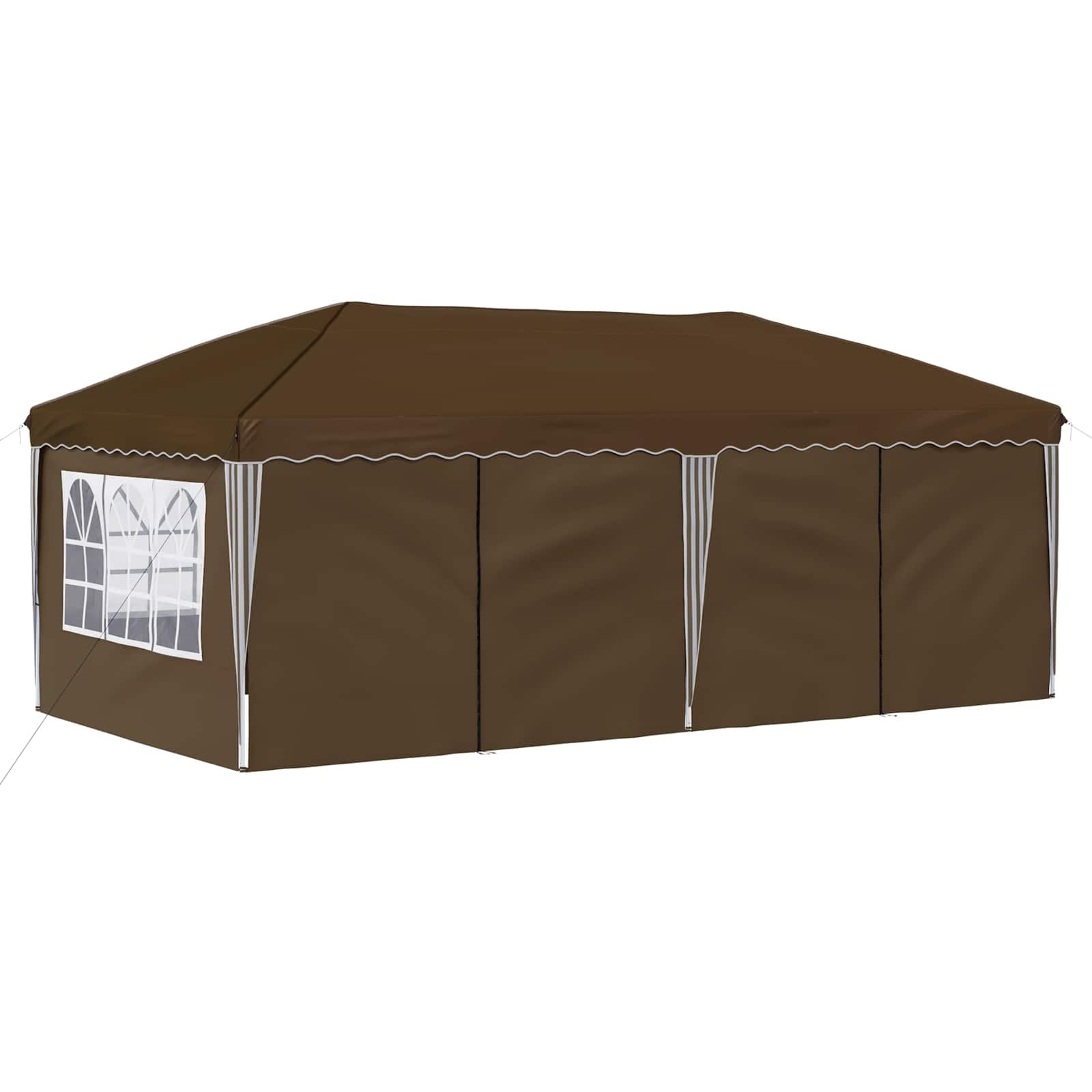 Pop-up namiot imprezowy w kolorze taupe, 575 x 288 x 245 cm, z malowaną proszkowo stalową ramą, 3-stopniowa regulacja wysokości, odporny na warunki atmosferyczne, składany i składany, do