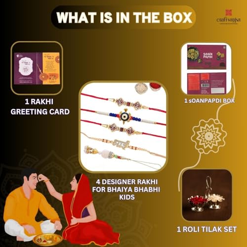 Image of Rakhi for brother with soanpapdi, 5 Set of r akhi with sweet for brother Gift Pack, Soanpapdi with R akhi Combo, Rakhi for Bhaiya Bhabhi with Sweet and Greeting Card