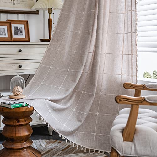 Colorbird Farmhouse Semi-Blackout Window Curtains 2 Panels Embroidery Lattice Cotton Linen Darkening Curtains With Tassel Rod Pocket Window Drapes For Dining Living Bedroom (52" W X 63" L, Linen) #TOP18