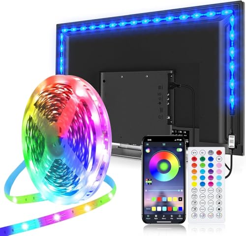 Ruban LED 5M, Ruban LED Bluetooth Ambiance TV, Bande LED Lumière Auto-adhésif avec Télécommande et App, Synchronisation Musique/Voix Changement de Couleur pour...
