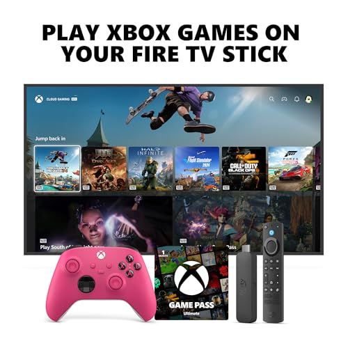 Xbox Wireless Gaming Controller (2025) Deep Pink + Fire TV Stick 4K Max Game Pass Ultimate 1 Month - Gaming Bundle for Console, PC &amp; Cloud Gaming
