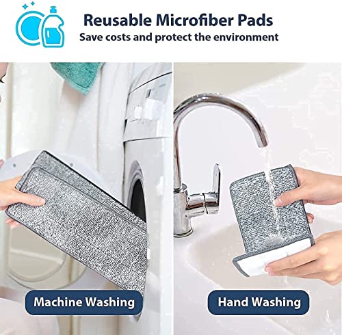 Image of Microfiber Flat Mop with Squeeze Bucket | Hands Free Floor Cleaning Mop with Self-Wringing System | Stainless Steel Handle, 2 Reusable Microfiber Pads | Wet & Dry Mop for Home | White Grey