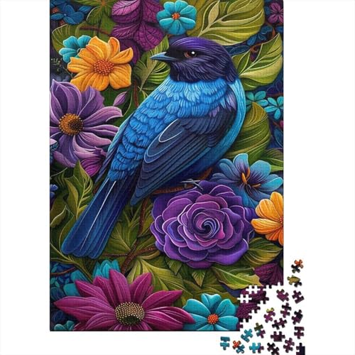 Puzzle de 1000 piezas de pájaro azul y flores coloridas para adultos (70x50 cm)