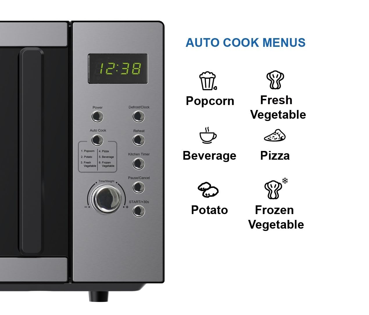 MW9005SS - Horno microondas compacto para encimera con control de botón, pantalla LED, 900 W, 5 niveles de potencia, 6 menús automáticos, plato giratorio de vidrio y cerradura segura para 5