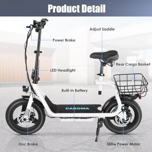 Caroma Trotinete elétrica Peak 819W com assento, bicicleta elétrica de pneu de 14 polegadas para adu