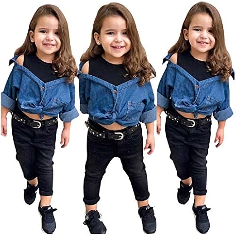 Girl Clothing Set Fake Two Pieces Denim Top and Pants Casual Outfits 2pcs (Denim, 7T) Cover
