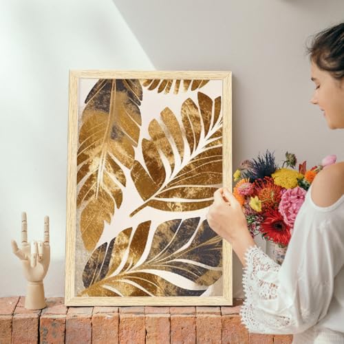 Image of ArtX Paper Leaf Paintings For Wall Decoration, Home Decor Wall Art, Hotel Wall Painting for Living Room, Multicolor, Natural Wood Color Frames, 12.0x18.0 inch, Set of 3