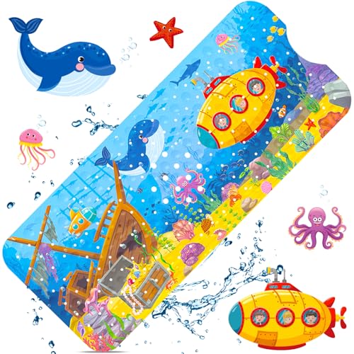 GUHAOOL Tapis de Bain Antidérapant pour Enfants 100x40cm, Tapis de Baignoire Antidérapant avec 200 Ventouse Matériel de PVC, Tapis de Baignoire Anti Glisse Antibactérien et Ans BPA Lavable en Machine