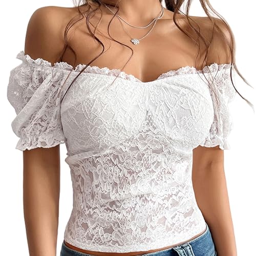 Lace Tops for Women Off Shoulder Going Out Tops Sexy Sheer Mesh Puff Short Sleeve Summer Crop Floral Corset Top