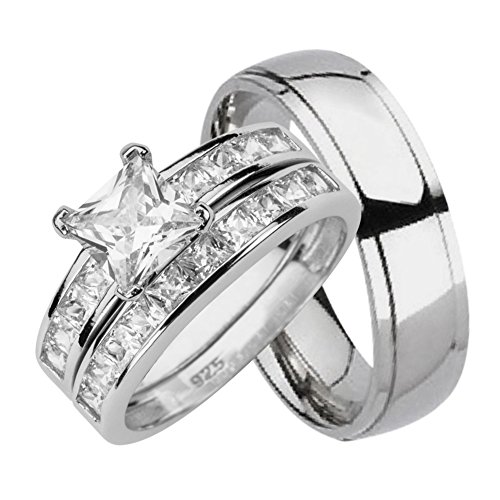 His and Hers Wedding Rings Set Sterling Silver Titanium Matching Bands for Him and Her