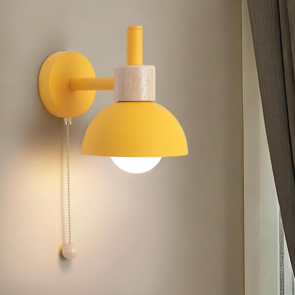 LOGT Retro Wooden Wall Lamp (Indoor) E27 with Switch Metal Wall Light Semi Circular Lampshade Wallspot E27 Bedside Lamp Modern Macaron Lighting Toggle Switch for Living Rooms Hallways Hotels,Yellow