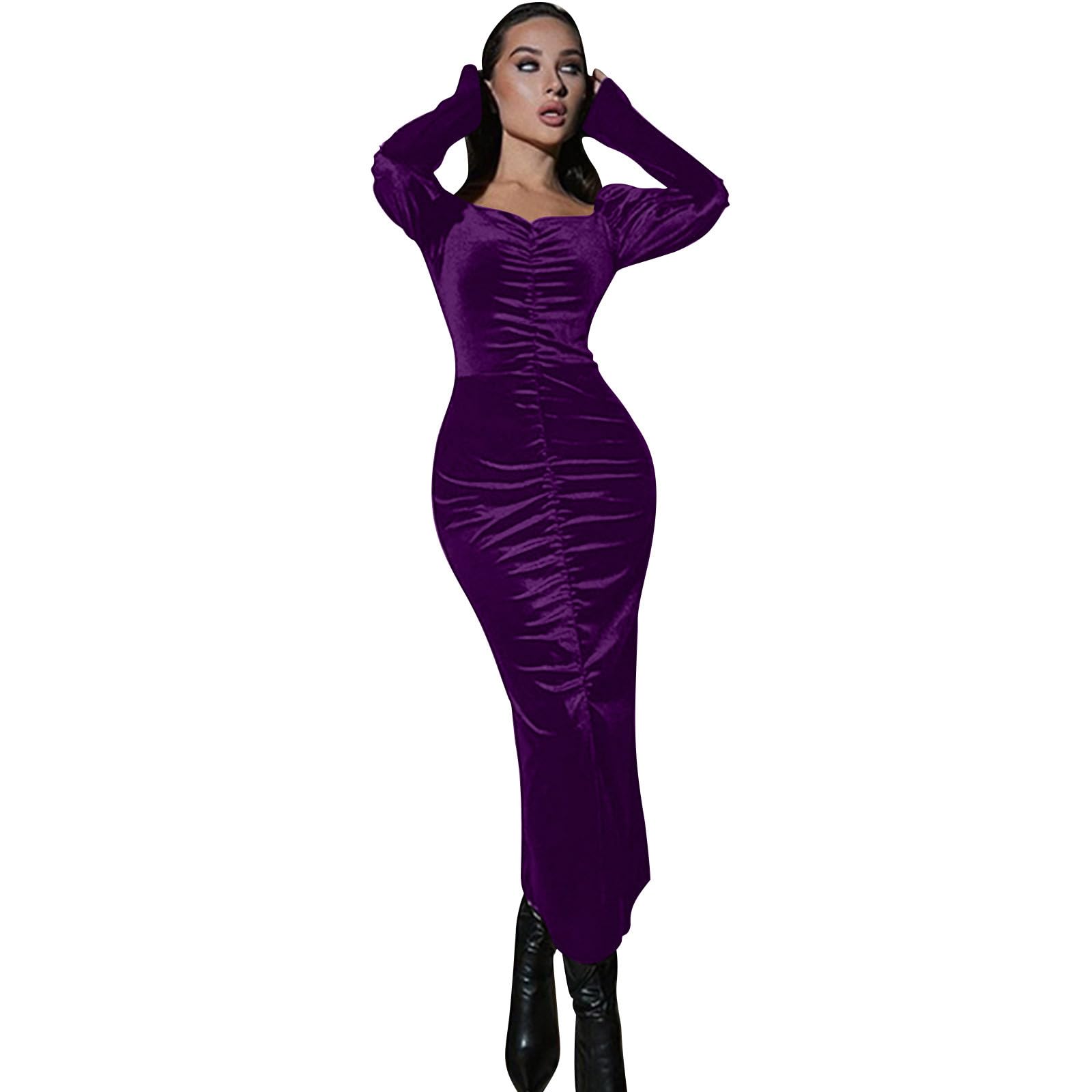 Elegant Velvet Dress for Women Sexy Long Sleeve Bodycon Flowy Dress Ruched Cocktail Party Wedding Square Neck Dresses