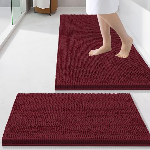 Image of Smiry Bathroom Rugs Sets 2 Piece, Soft Absorbent Chenille Machine Washable Non Slip Shaggy Bath Rug Set for Tub, Shower, and Floor (34x21+24x16, Burgundy)