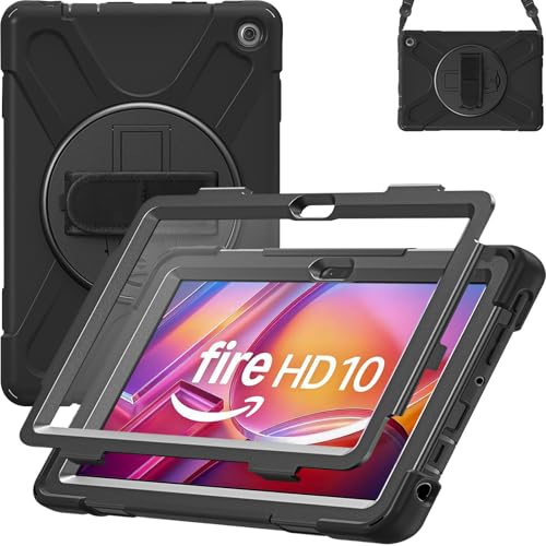 EHIOG Case for Fire HD 10 Tablet Case (Only Fit 13th Gen, 2023), 360° Rotating Stand & Hand Strap & Carrying Strap (Black)