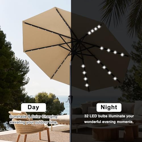 Image of ABCCANOPY Durable Solar Led Patio Umbrellas with 32LED Lights 9FT (Tan)