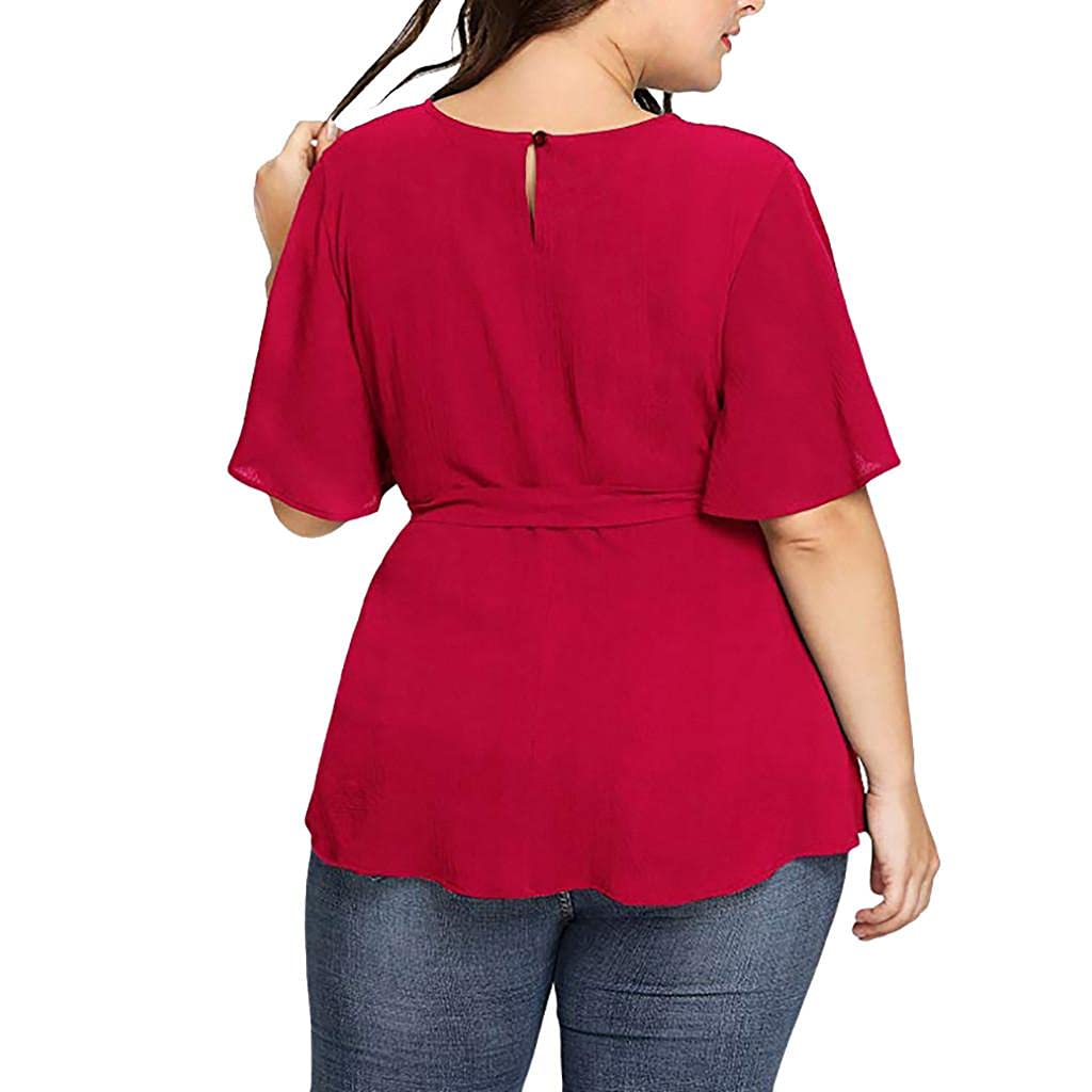 Damska koszulka na lato, na lato, na co dzień, z krótkim rękawem, koszulka typu henley, basic, luźna, tunika, bluzka, eleganckie koszule, czerwony, XXL