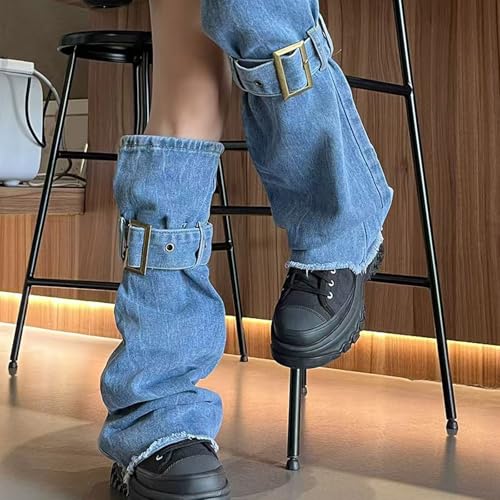 Women Subcultures Jeans Leg Warmers with Buckled Straps Punk Washed Denims Baggy Flared Boot Covers Streetwear4