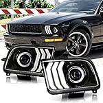 ACANII - For 2005-2009 Ford Mustang Black Housing LED Tube Projector Headlights Headlamps Assembly Pair Set Left+Right