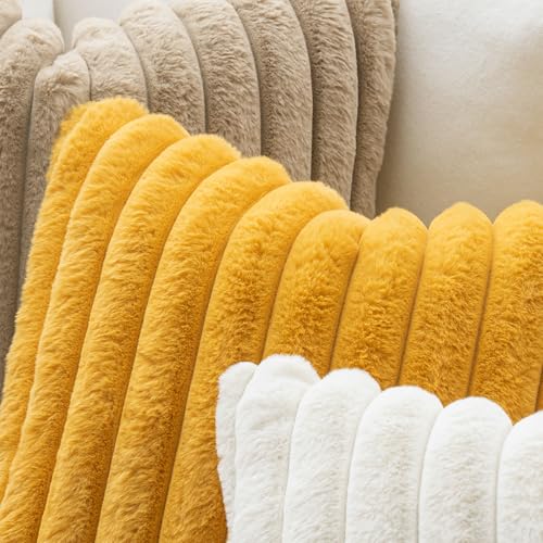 Image of MIULEE Faux Fur Decorative Pillow Covers 24x24 Set of 2 Mustard Yellow | Vintage Boho Fall Home Decor Soft Plush Couch Pillows Cozy Fluffy Cushion Covers for Sofa Bed Living Room