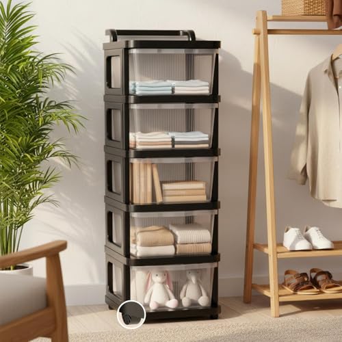 Image of 𝗞𝗢𝗦𝗠𝗘𝗥 𝟱 𝐏𝐀𝐂𝐊 Plastic Rack for Storage Cabinet with Wheels | Multipurpose Storage Almirah Wardrobe for Clothes, Toys, Kitchen Cupboard & Bedroom | Plastic Organizer with Transparent Doors