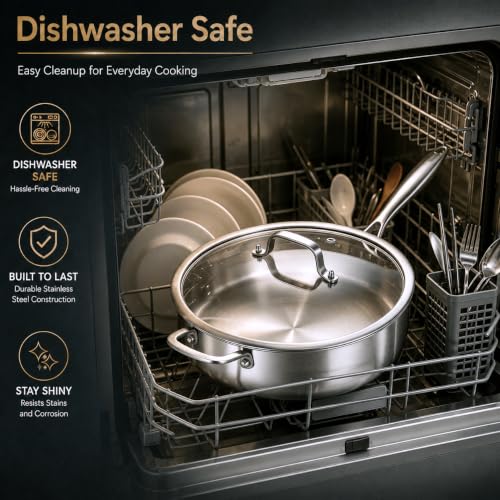 DELARLO Tri-Ply Stainless Steel 10 Inch Frying Pan,3 Quart Sauté Pan with lid,Compatible with All Cooktops,Oven Up to 660℉,Chicken Fryer,Dishwasher-Friendly by DELARLO - Used condition - Image 9