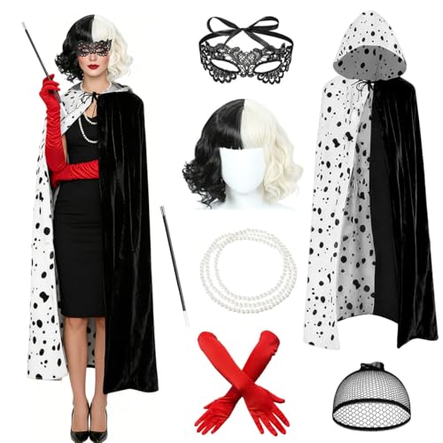 Disfraz de Cru-ela para Mujer, 7 Piezas Disfraz de Crue-la de Vil con Collar, Capa, Máscara, Peluca, Gorro para Peluca, Guantes y Palo Decorativo, Carnaval Crue-las Disfraz para Halloween Cosplay