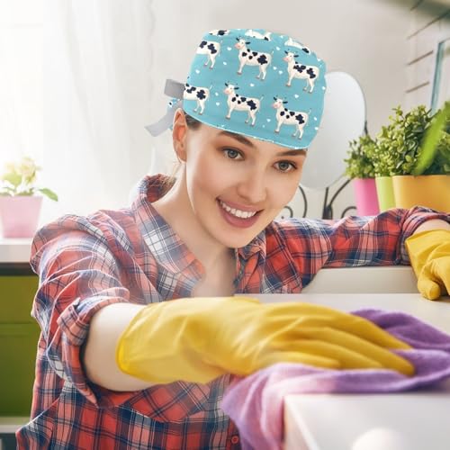 Image of 2 PCS Bouffant Cap with Button Ponytail Pouch Working Cap Sweatband Adjustable Surgical Cap Black and White Cow