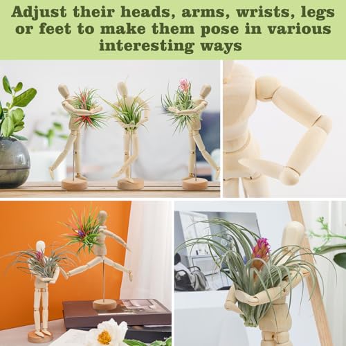 Image of ANPHSIN 4 Pcs 8.6'' Wooden Air Plant Holder, Adjustable Poses | Unique Jointed Mannequin Airplant Stand, Tillandsia Display Container for Home, Office Decoration, Housewarming Gift