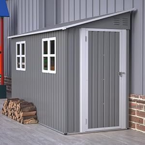 4x10 ft Metallschuppen mit Bodenrahmen – Anlehn Geräteschuppen 1,2x3 m, verzinkter Gartenschuppen mit abschließbarer Tür & 2 Fenstern, wetterfestes Gerätehaus Grau (Grey, 1,2x3 m)