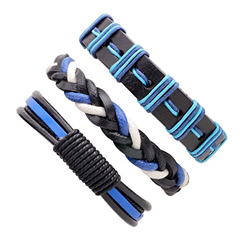 MJartoria Leather Bracelets for Men, Mens Womens Unisex Faux Leather Bracelets Adjustable Braided Multi Cool Wrap Wristbands Cuff Set(A-Blue 3 Pcs)