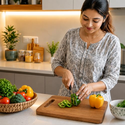 Image of Heavy Duty Stainless Steel Chopping Board with Attached Knife Set - Non-Slip Vegetable & Fruit Cutting Board, Rustproof & Dishwasher Safe Board for Kitchen (Square Wooden)